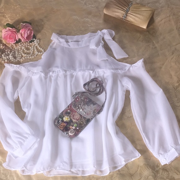 🌹Neck Tie Cold Shoulder Chiffon Top🌹 - Picture 2 of 8